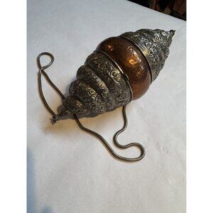 Antique Ornate Copper & Silver Conch Shell Clutch With Floral Engravings And Cha